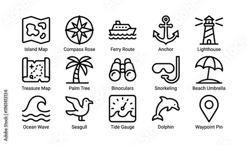 Nautical symbols including anchor, lighthouse, dolphin, and compass rose