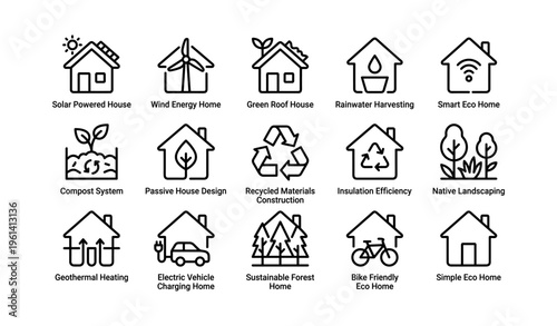 Eco-friendly housing icons: solar, wind, green roof, smart home, recycling designs