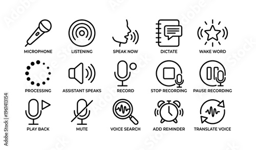 Voice assistance icons set for recording and smart devices