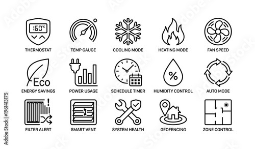 Smart home thermostat icons for climate control and energy efficiency