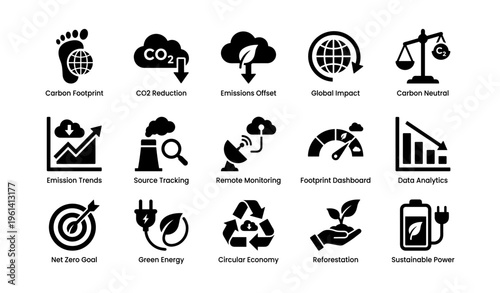 Carbon footprint and environmental impact icons for emissions and sustainability