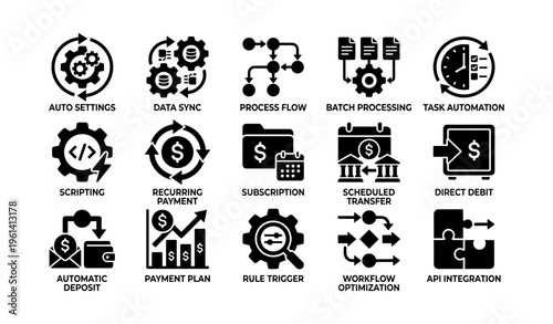 Process and workflow automation icons set for efficient business management