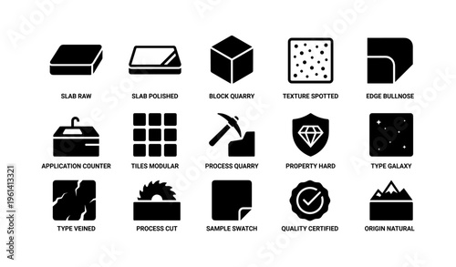 Stone material icons set: slab, texture, process, and type varieties