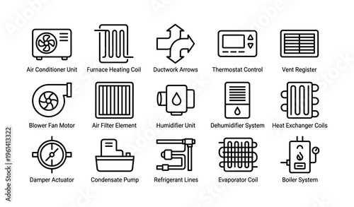 Hvac system components and icons: air conditioner, furnace, ductwork, thermostat, vent