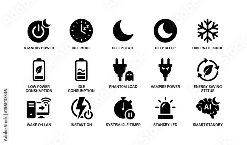 Energy-saving icons: power, battery, sleep, energy status symbols illustrated