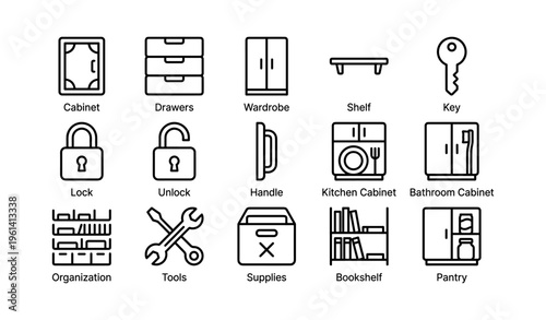 Minimalist icons: furniture, keys, and tools for home organization