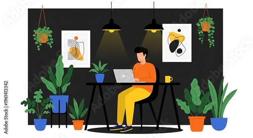 A person works at a desk with plants in a modern minimalist office setting