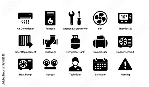Hvac system icons: tools, equipment, and technician silhouettes