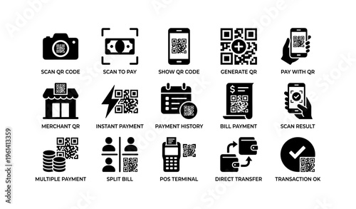 Qr code payment icons set: scan, pay, generate, transaction, instant