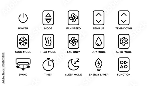 Air conditioner control icons set with symbols for various modes and functions