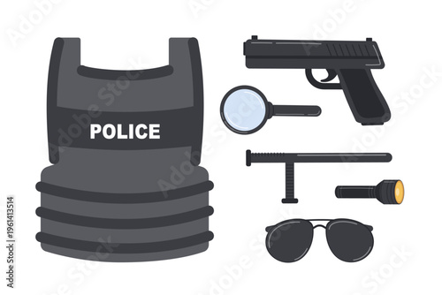 Key components of patrol officer's equipment. Vector for slides in police academies, informational brochures, and official law.
