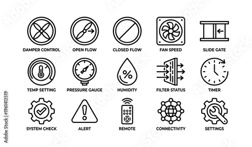 Hvac system icons: control, gauge, humidity, timer, settings