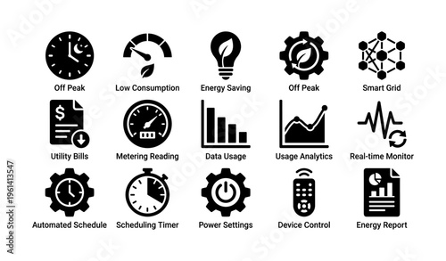 Energy management icons featuring smart grid and data analytics concepts