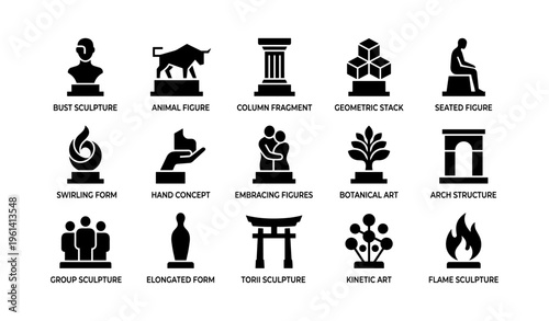 Collection of iconic sculptures and art forms in black silhouettes