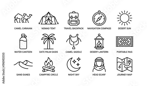 Adventure icons: camel caravan, nomad tent, travel backpack, navigation compass, desert sun