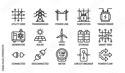 Utility grid icons including solar, wind, meter, and smart grid elements