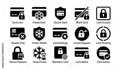 Secure card protection icons - lock, freeze, shield, biometric, access, payment, settings