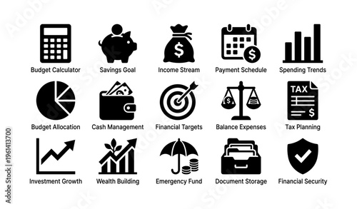 Financial planning icon set: budget calculator, savings goal, income stream, payment schedule, investment growth