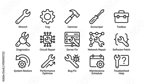 Black and white tools and repair icons: wrench, hammer, toolbox, diagnostics, network repair