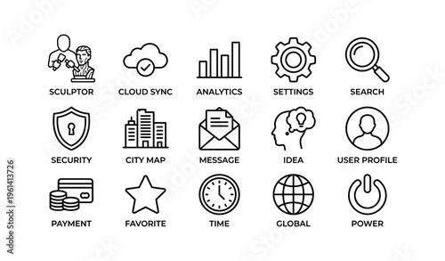 Set of black line icons for web and mobile apps including cloud, security, and analytics