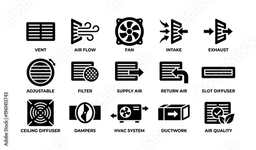 Hvac system icons: vent, air flow, fan, intake, exhaust, air quality symbols