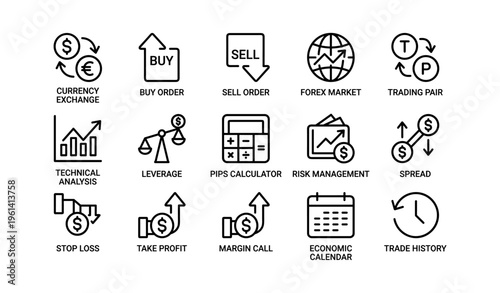 Forex trading icons: currency, market, analysis, calculator, profit strategies