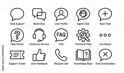 Customer service icons: chat support, user profiles, technical help, faq, feedback
