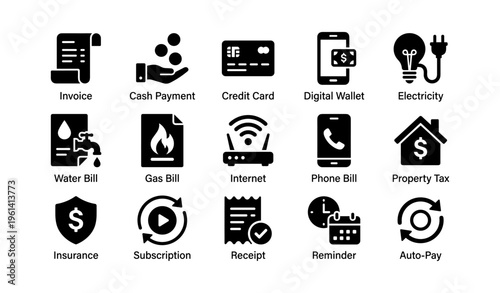 Financial management icons set featuring payment and utility symbols