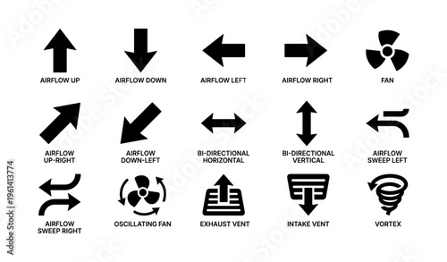 Airflow icons set: directional arrows, fans, and vents