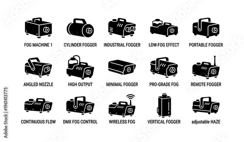 Collection of various fog machines: industrial, portable, wireless, vertical, remote control