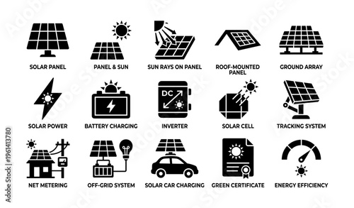 Solar energy icons: panels, power, battery, inverter, net metering systems