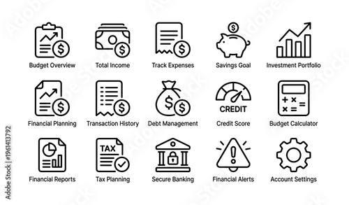 Financial management icons: budget, savings, debt, credit, reports, tax planning, banking, alerts
