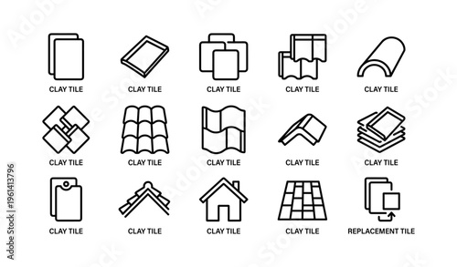 Collection of various clay tile icons including roof and replacement designs