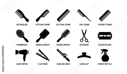 Silhouette icons of hair tools: comb, brush, scissors, hair dryer, and more