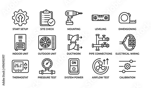 Hvac installation icons: setup, check, mounting, leveling, wiring, more