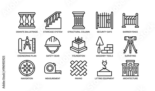 Construction elements and tools line icons set for building projects