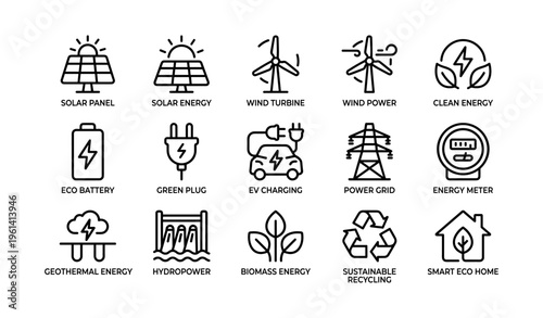 Renewable energy icons: solar, wind, and sustainable solutions for eco-friendly living