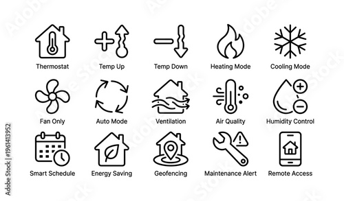 Smart home climate control icons for thermostat and environment management