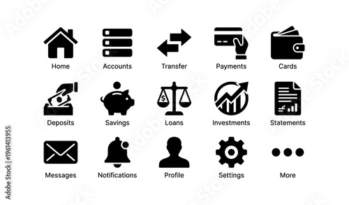 Financial app icons: home, accounts, transfer, payments, cards