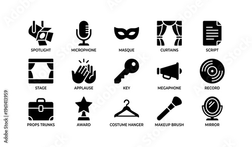 Theater icon set: spotlight, microphone, masque, curtains, script, stage