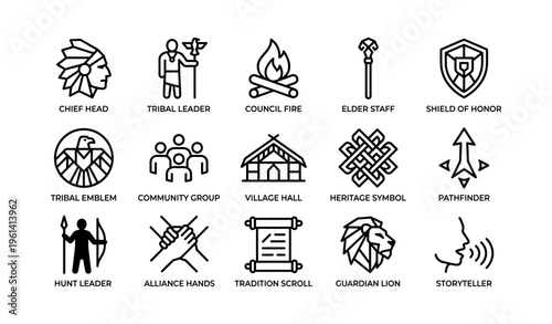 Icon set featuring tribal symbols and community elements in black and white