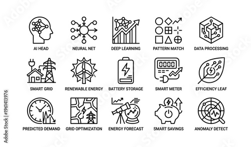 Icons of ai, neural networks, and sustainable energy technologies