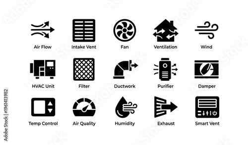 Hvac symbols: airflow, ventilation, filtration, and temperature control icons