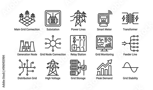 Electrical power system icons: grid, substation, high voltage, smart meter, monitoring