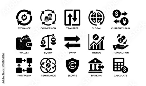 Financial symbols collection: exchange, conversion, transfer, global trends, secure banking