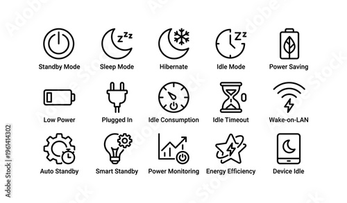 Technology device icons: power modes and energy efficiency symbols