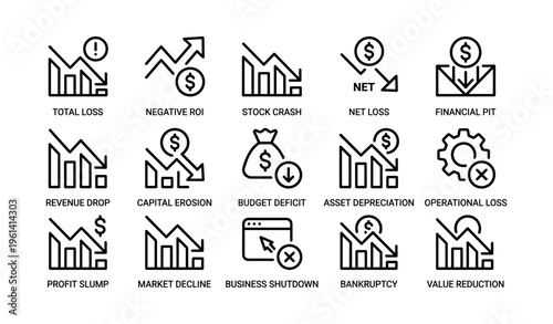 Financial crisis icons set: market decline, budget deficit, bankruptcy, asset depreciation, revenue drop