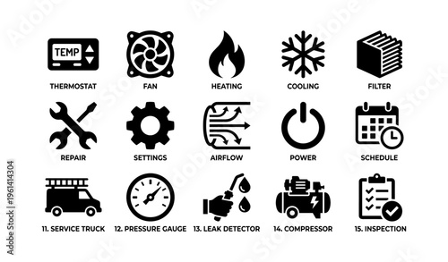 Hvac symbols icon set with thermostat, fan, settings, repair tools, compressor