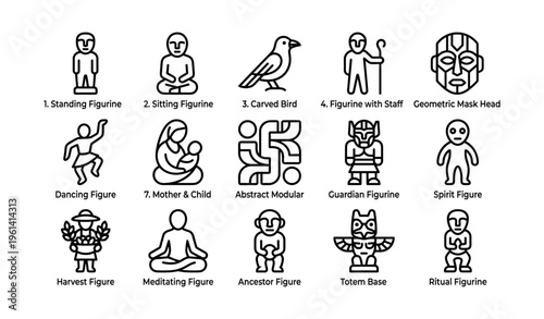 Diverse line art figurines and symbols collection