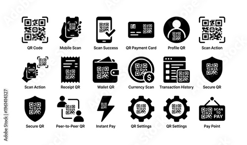 Diverse qr code icons for mobile wallet, payment, and security actions
